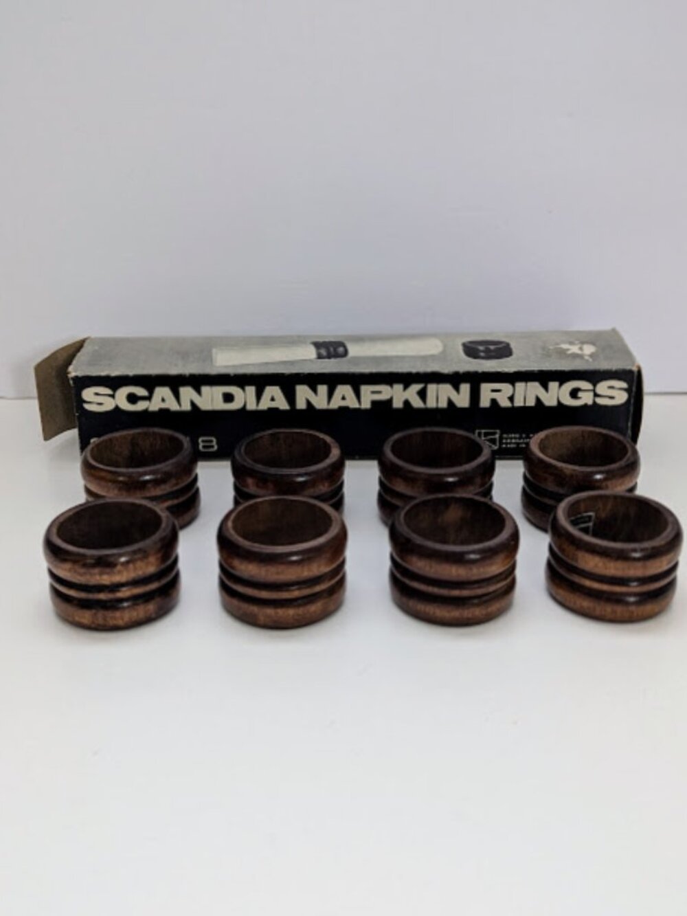 Vintage Scandia Wooden Napkin Rings Set of 8 w Original Box MCM Table Decor